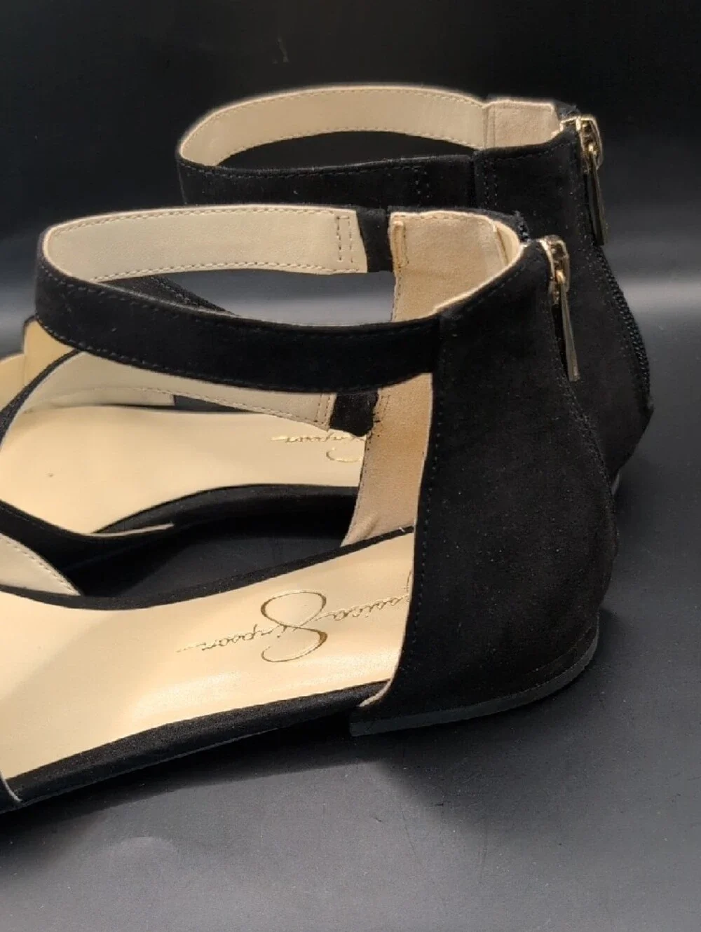 JESSICA SIMPSON Pointed Flats with Ankle Strap Cayleen Style Black Microsuede 10